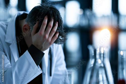 Scientist in lab coat distressed, head in hands, with blurred laboratory equipment in background