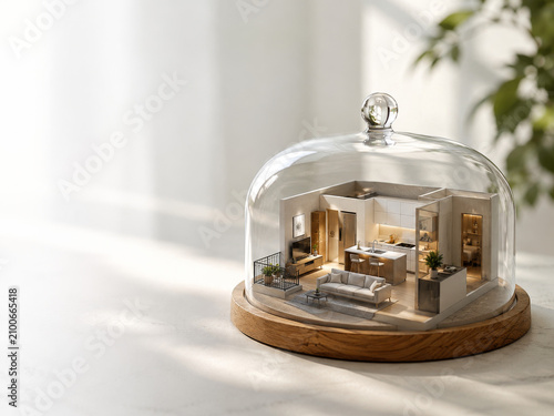 Miniatura de un espacio interior bajo una campana de vidrio en una superficie clara