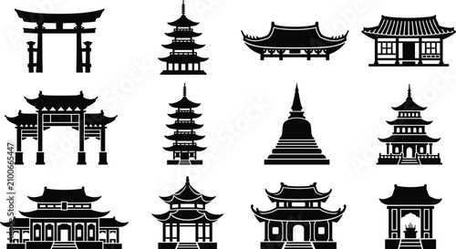 Canvastavla Traditional Asian Architecture Silhouette Vector Icon Set with Japanese Torii Ga