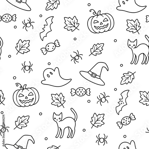 Cute Halloween Seamless Pattern with Pumpkin, Ghost, Witch Hat, Bat, Cat and Autumn Leaves, Black and White Outline Vector
