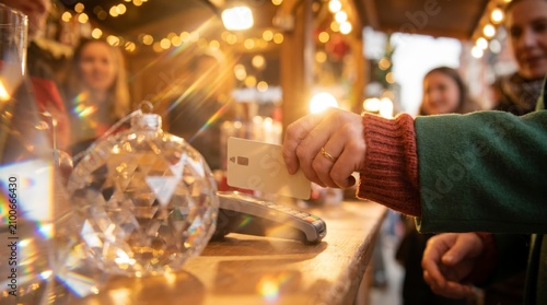Hand making contactless card payment on terminal beside glittering Christmas bauble ornament