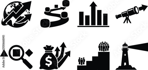 Business strategy market growth and financial forecasting icon set for corporate vision and strategic planning vector