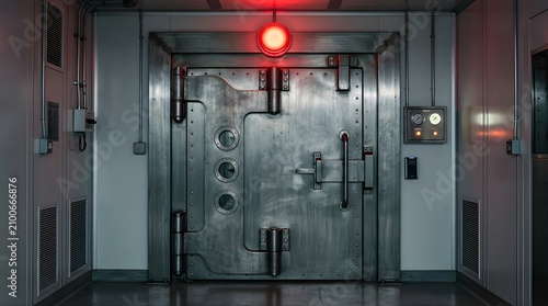 Heavy metal vault door in a secure facility with red warning light