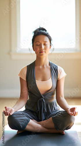Woman meditating cross-legged on yoga mat with closed eyes