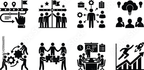 Business strategy milestone roadmap project management team brainstorming and startup growth strategy vector icon set