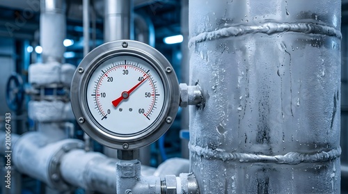 Industrial pressure gauge measuring gas levels on a frozen metal pipe