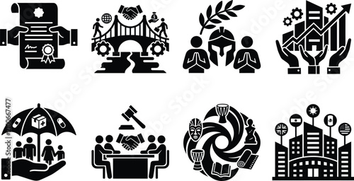 Bild auf Leinwand Global diplomacy international relations and corporate governance icon set for b