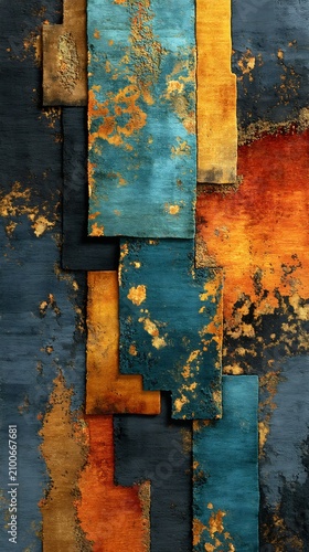 Geometric abstract textile composition with overlapping strips of teal orange and navy fabric