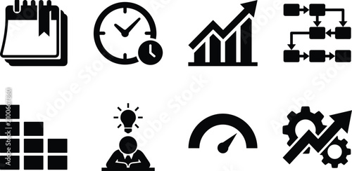 Project Management and Business Productivity Vector Icon Set Featuring Workflow Optimization and Performance Growth