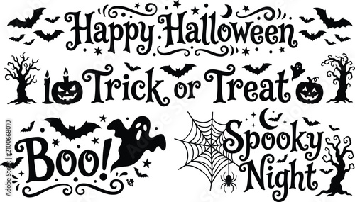 Foto Halloween, silhouette, set, vector, lettering, text, pumpkin, bat, ghost, spider