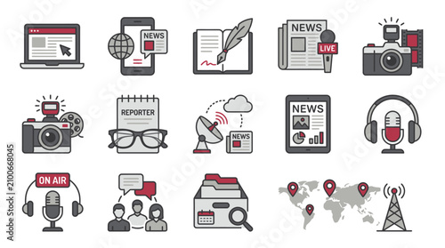 Fotografía Sleek Monochromatic Icons Set Illustrating Modern Journalism and News Media Conc