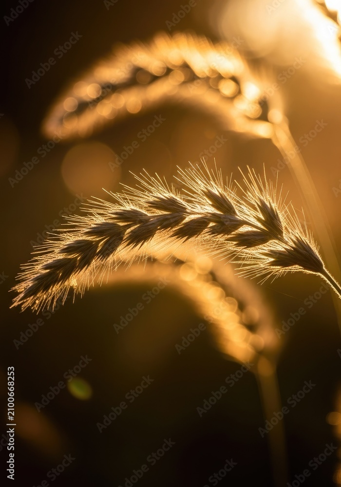 Obraz premium Backlit wheat ears in golden evening sunlight.