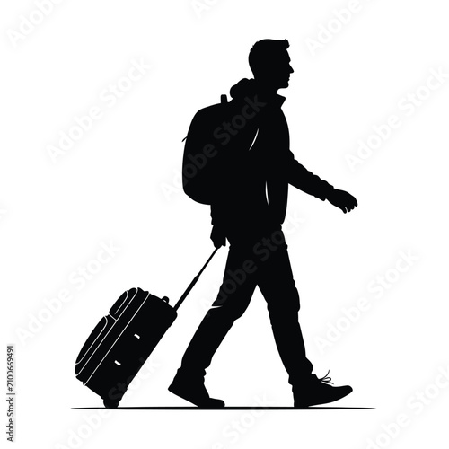 Φωτογραφία Traveler with rolling luggage and backpack black silhouette