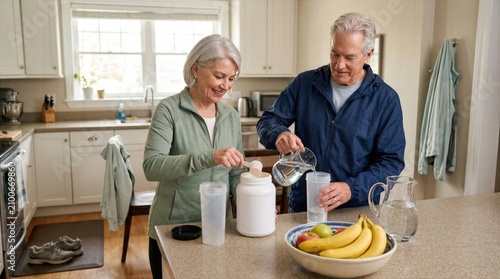 Couple wellness scene with shaker bottles, walking shoes and fruit, focused on protein intake, creatine routine and active mature lifestyle.