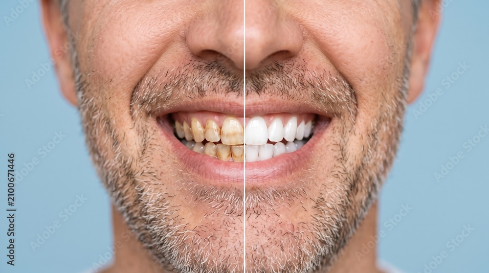 Fototapeta premium Split portrait of smiling man showing before and after teeth whitening results, highlighting dental care and cosmetic improvement.
