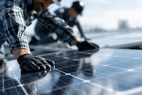 Workers installing solar panels on a rooftop for renewable energy generation