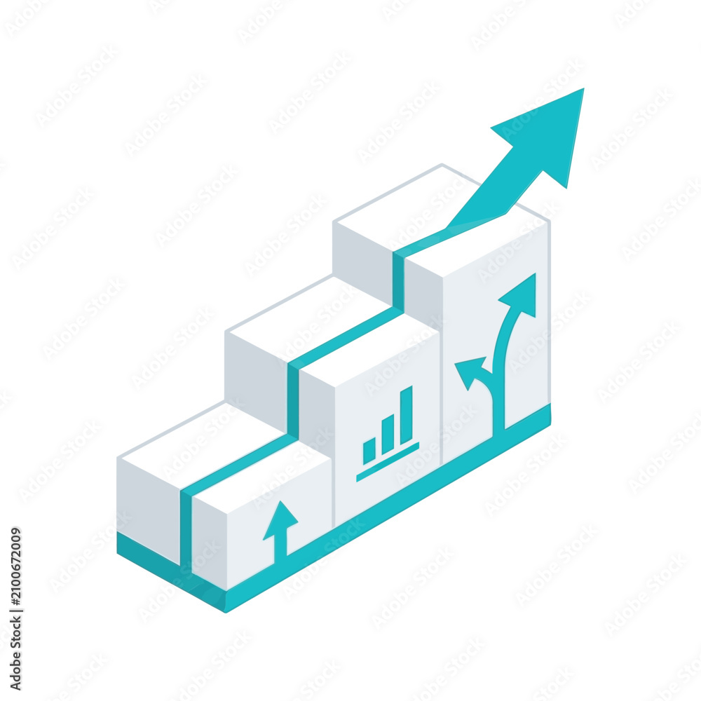 Fototapeta premium Business growth chart with ascending steps and upward arrows representing strategic planning, financial success, and corporate performance