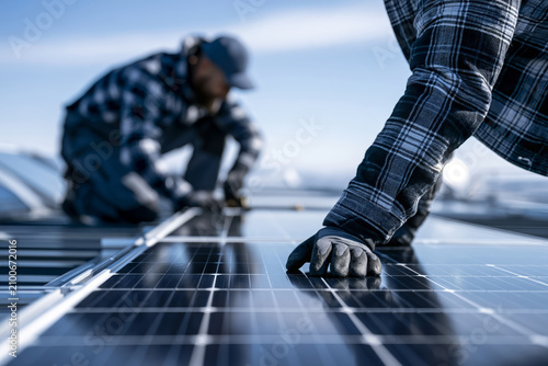 Solar panel installation crew working on a rooftop under a clear sky