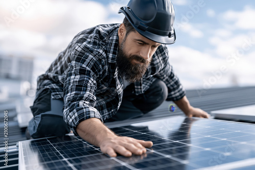 Solar panel installation crew working on a residential rooftop under a clear sky