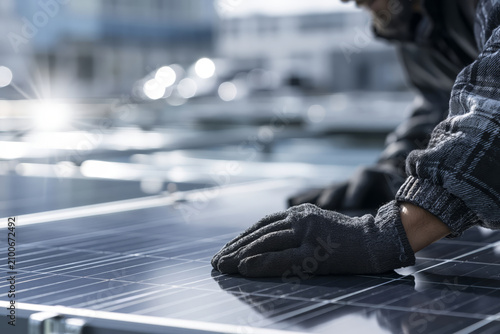 Workers installing solar panels on a rooftop for renewable energy generation