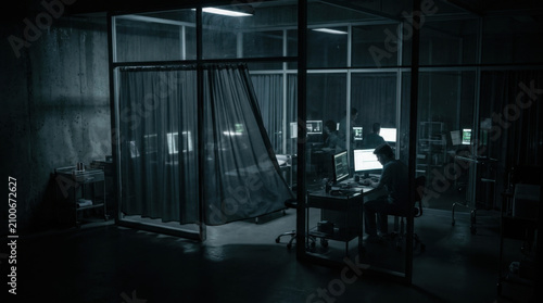 Dimly Lit Office With People Working On Computers In A Modern Space