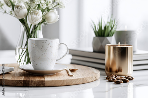 Cozy morning scene with coffee, flowers, and a lit candle on a wooden tray