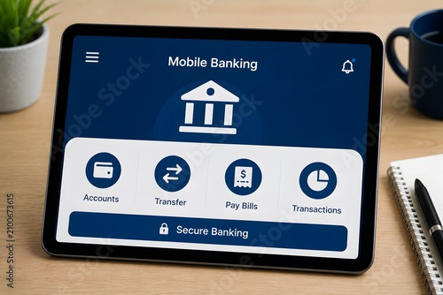 A tablet displaying a mobile banking app for the concept of digital finance and convenient transactions.