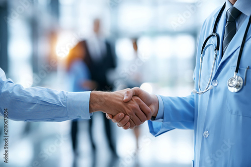 Doctor and patient shaking hands in a modern medical facility with blurred background