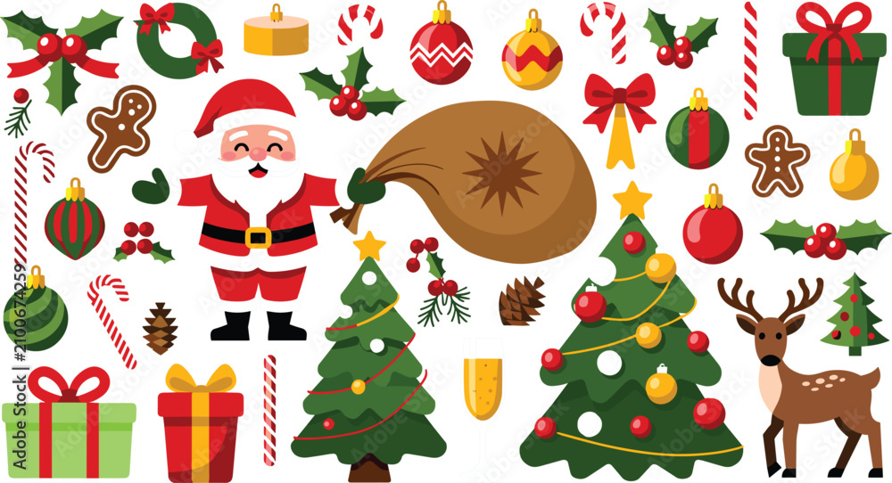 Fototapeta premium Christmas holiday elements big set with cute santa claus reindeer trees gifts gingerbread and winter decorations vector illustration