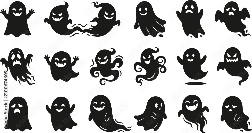 Fototapeta premium Spooky halloween day ghost set black silhouette designs for decorations parties and digital art