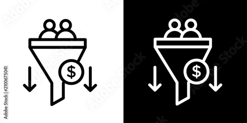 Sales funnel icon with people and dollar coin, for lead conversion, revenue funnel, and customer acquisition apps