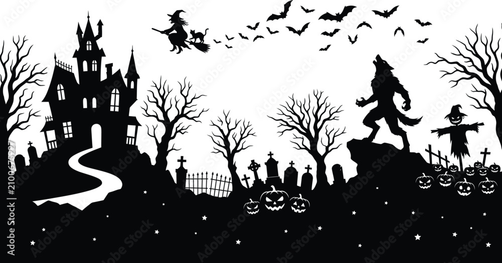 Fototapeta premium Spooky halloween day scene with haunted castle werewolf witch and jack o' lanterns for festive celebrations