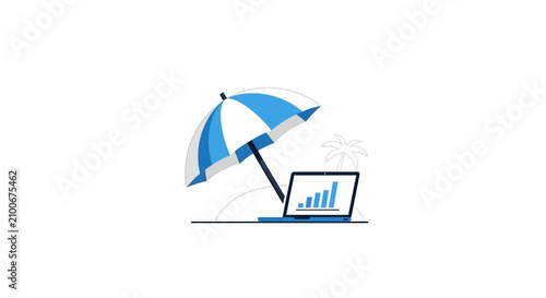 Schilderij op canvas Umbrella protects laptop from rain storm.