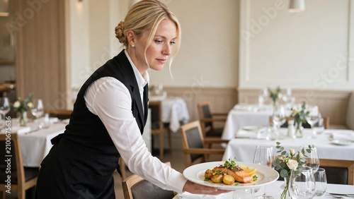 Elegant server in a restaurant dining department, three-quarter service angle with soft even lighting and no shade, professional food service, hospitality, fine dining, commercial stock