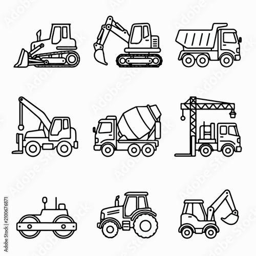 Collection of construction vehicle icons simple line art for industrial and building projects isolated on white background