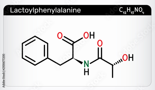 Fotografie Lactoylphenylalanine Lac-Phe molecule, is an N-lactoyl-amino acid metabolite produced by mammals and microorganisms, appetite suppressant and biomarker