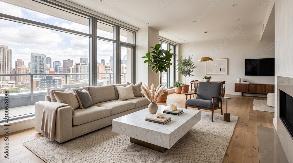 Fototapeta premium Modern Minimalist Living Room with Panoramic City Skyline Windows