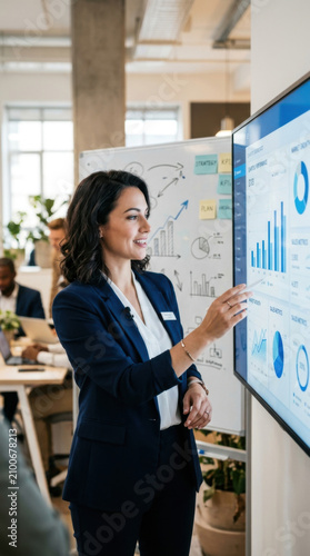 Confident Woman Presents Data Insights On A Modern Digital Screen