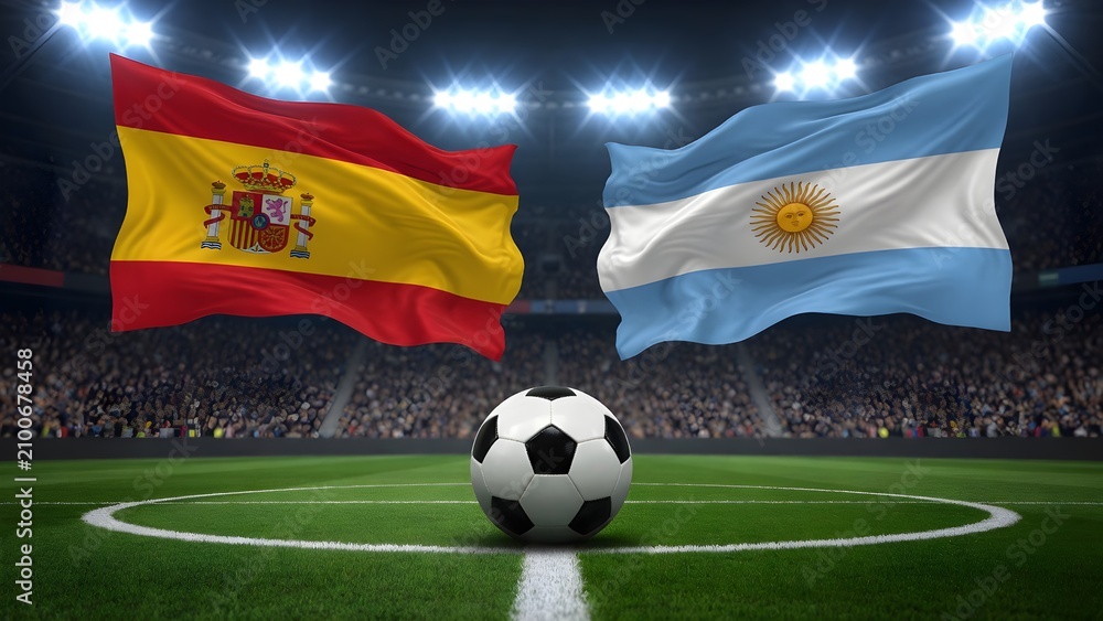 Fototapeta premium Soccer ball on grass field with flags of spain and argentina waving in a stadium arena