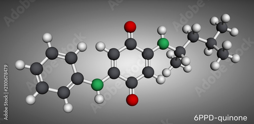 6PPD-quinone molecule. Chemical structure of the highly toxic tire rubber degradation product and environmental pollutant. Molecular model. 3D render