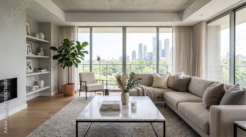 Warm Minimalist Living Room with Large Corner Window and City Skyline