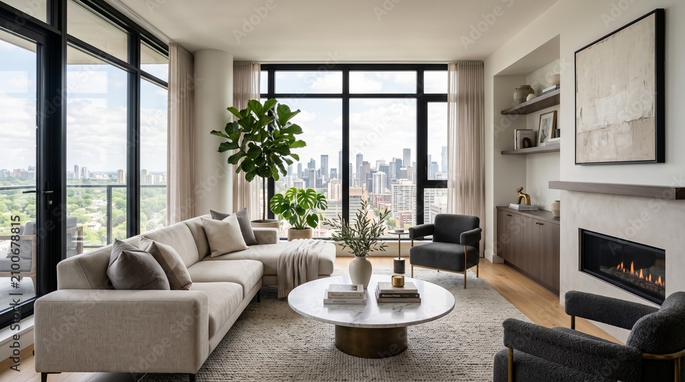 Fototapeta premium Modern Luxury Living Room with Fireplace and Panoramic Urban Vista