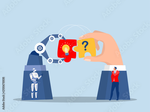 robotic arm ai AI, Artificial Intelligence,robot new joiner to connect jigsaw puzzle,New joiner to fill in team and solve problem concept vector