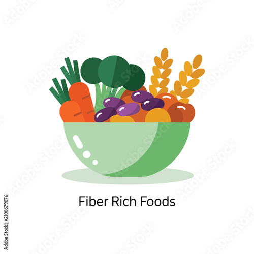 Colorful flat of a green bowl filled with fiber rich foods including carrots, broccoli, and grains for healthy diet and nutrition