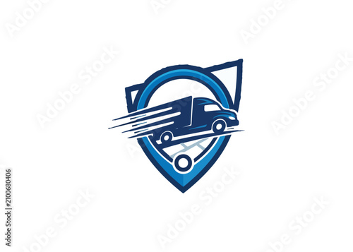 Truck and wrench logo with shield and speed lines design element