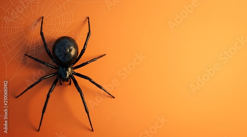 Black widow spider background with realistic big black spider, white spiderweb and empty copy space on orange surface
