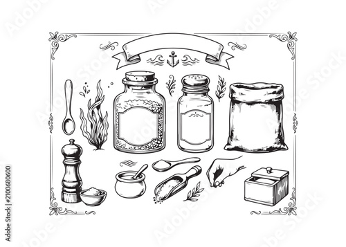 Vintage kitchen spices and seasonings illustration with jars and utensils on white background