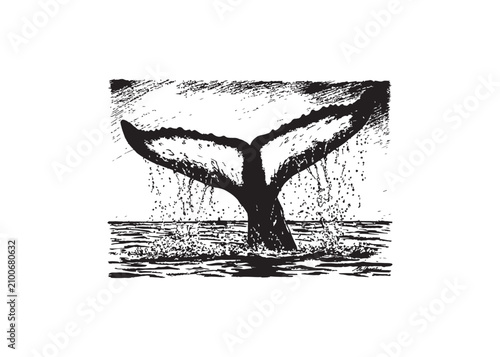 Whale tail splashing in ocean water with waves and splashes around it