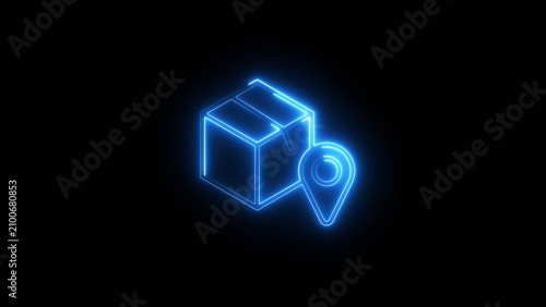 Glowing neon blue cardboard delivery box with location pin icon on black background style.