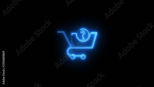 Shopping cart with question mark inside glowing blue line icon on black background.